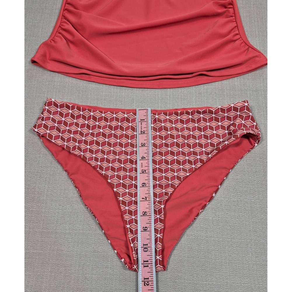 Cupshe Red Ruched Tankini Set‎ Mid Rise Geometric Bottoms New With Tags Large - Picture 7 of 11